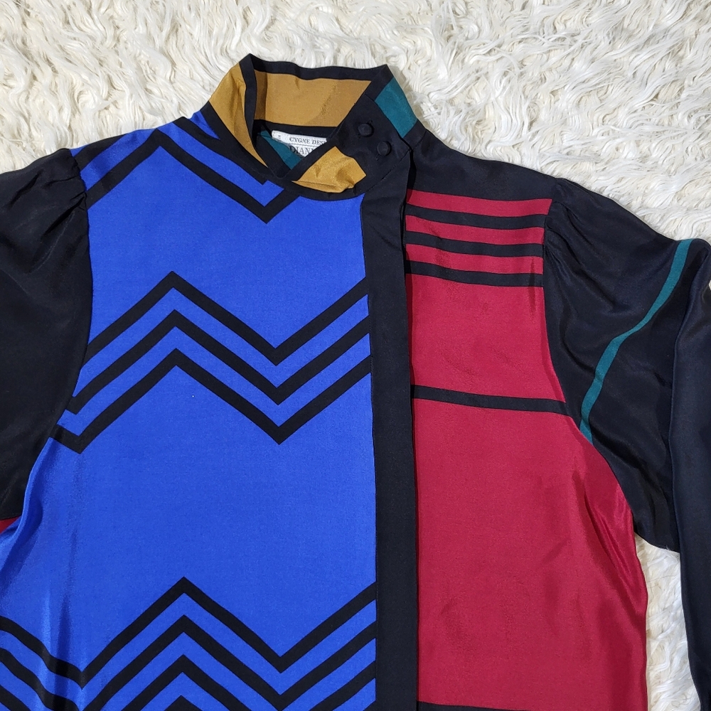 Vintage 80s Dianne B, Cygne Design Silk Blouse Multicolors Shirt Size 8 / 38 - Picture 2 of 12